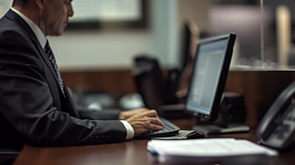 Wall Mural - A businessman focused on work at his office desk, typing on a computer keyboard. Hands visible on the keyboard, with papers and a phone nearby