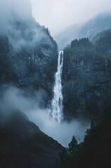 Wall Mural - Majestic Waterfall in Foggy Norway