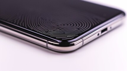 Poster - Close-up of a smartphones fingerprint sensor on the back, surrounded by a silver frame, against a white background