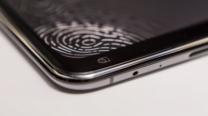Poster - A close-up shot of a fingerprint sensor on a smartphone, isolated against a white background. The sensor is a small, rectangular feature located on the top edge of the phone