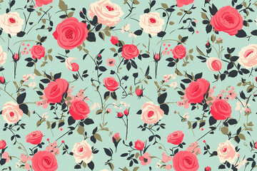 Wall Mural - Seamless pattern of pink and white roses with green leaves on a light blue background. Ideal for textile and wallpaper design.