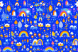© BetterPhoto - A playful pattern with rainbows, flowers, and various colorful elements on a blue background. The seamless design is cheerful and vibrant, ideal for kids' decor and textiles.