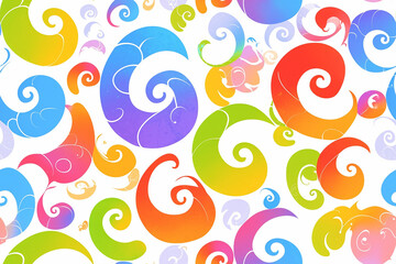 This seamless pattern features colorful, swirly shapes on a white background, creating a fun and whimsical design.