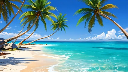 Sticker - Tropical beach with palm trees and blue water, perfect for summer vacation. Beautiful beach scene with blue skies, white sand, and crystal clear ocean.