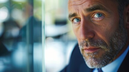 Wall Mural - A closeup portrait of a businessman in a boardroom setting, showcasing his focused expression during a strategy meeting