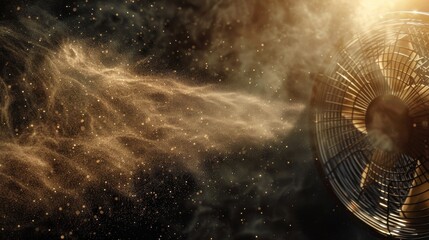 Poster - A high angle view of a household fan in motion dispersing tiny particles into the air, captured in a commercial photography setting