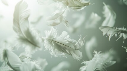 Poster - A close-up photograph of white feathers falling through the air, illuminated by soft natural light
