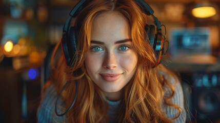 Interviewing a woman speaker on social media online website live streaming channel on a radio influencer wearing a headset at studio record in the morning.