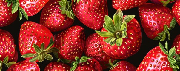 A close up of a bunch of red strawberries. The strawberries are arranged in a way that they look like they are growing out of the ground. The image has a vibrant and fresh feel to it.
