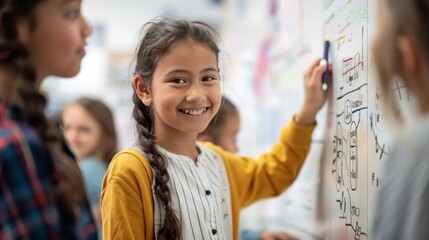 Poster - A young girl smiles confidently as she explains a programming concept to her classmates. She stands in front of a whiteboard, pointing at diagrams and equations with a marker