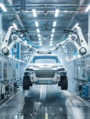 Aufkleber - Robotic painting systems efficiently apply paint to a car body in a modern automotive painting shop. Generative AI