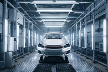 Leinwandbilder - Automotive painting shop with robotics, featuring a silver car on the production line. Shows a sleek and professional setting for paint manufacturers. Generative AI
