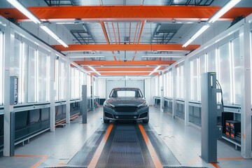 Poster - A modern car painting shop featuring robotic painting systems. Generative AI