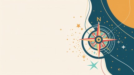Leinwandbilder - A simple and symbolic illustration featuring a compass, stars, and swirls on a beige background. This image is ideal for navigation apps and travel services. Generative AI