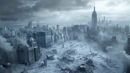 Desolate urban scene of collapsed city, aftermath of apocalypse, apocalyptic destruction.