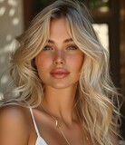 Beautiful blonde woman with freckles and blue eyes