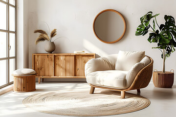 Wall Mural - Beige sofa and armchair against window. Wooden dresser near white wall with poster. Scandinavian interior design of modern living room.
