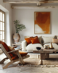 Wall Mural - Terra cotta rustic armchair and sofa near wall with frame. Scandinavian interior design of modern living room.
