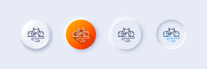 Wall Mural - Bike line icon. Neumorphic, Orange gradient, 3d pin buttons. Bicycle route sign. Cycling track symbol. Line icons. Neumorphic buttons with outline signs. Vector