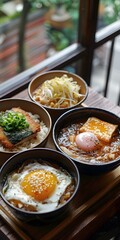 Wall Mural - A delicious Japanese meal with rice, fish, and egg