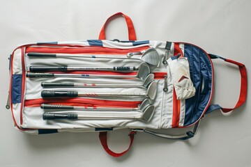 Well organized golf bag displaying clubs for summer olympics, emphasizing sports equipment concept