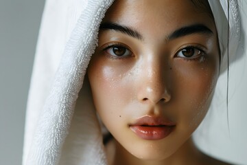 Wall Mural - Close-up portrait of a beautiful Asian woman with a towel on her head