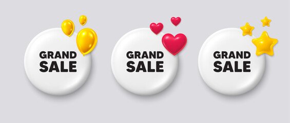 Wall Mural - White buttons with 3d icons. Grand sale tag. Special offer price sign. Advertising discounts symbol. Grand sale button message. Banner badge with balloons, stars, heart. Social media icons. Vector