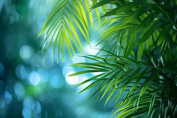 Wall Mural - Abstract green blurred background of palm leaves