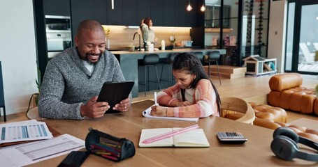 Aufkleber - Father, daughter and studying in kitchen, tablet and questions for mathematics, calculator and writing. Elementary school, practice and teaching of equations by dad, growth and development of child