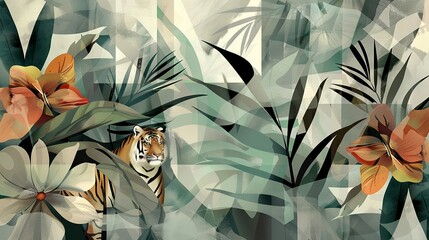 Wall Mural -   A tiger painting surrounded by lush tropical foliage and vibrant flowers, with the majestic creature at its center