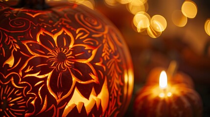 Wall Mural - a close-up of a beautifully carved halloween pumpkin with an intricate design, illuminated from with