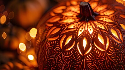 Wall Mural - a close-up of a beautifully carved halloween pumpkin with an intricate design, illuminated from with