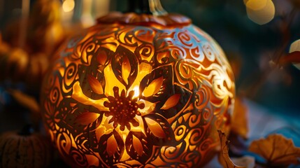 Wall Mural - a close-up of a beautifully carved halloween pumpkin with an intricate design, illuminated from with