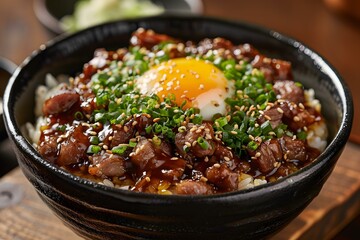 Wall Mural - Close Up of a Bowl of Japanese Beef Rice with a Fried Egg