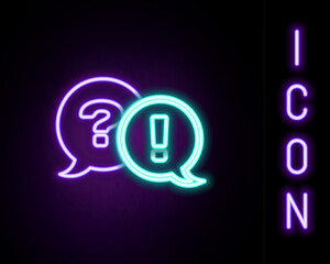 Fototapete - Glowing neon line Speech bubbles with Question and Exclamation icon isolated on black background. FAQ sign. Copy files, chat speech bubble and chart. Colorful outline concept. Vector