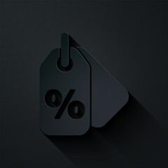 Poster - Paper cut Discount percent tag icon isolated on black background. Shopping tag sign. Special offer sign. Discount coupons symbol. Paper art style. Vector Illustration