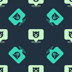 Poster - Green and beige Pig icon isolated seamless pattern on blue background. Animal symbol. Vector