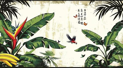 Wall Mural -   A vibrant painting of a lush tropical setting featuring a majestic bird soaring above an array of ripe bananas
