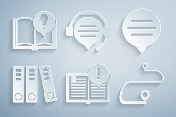 Poster - Set Interesting facts, Speech bubble chat, Office folders, Route location, Headphones with speech and icon. Vector