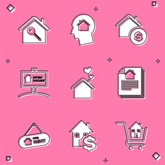 Poster - Set House with key, Man dreaming about buying house, dollar, Hanging sign Open, heart shape, contract, For Rent and icon. Vector