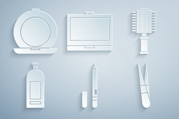 Poster - Set Eyeliner, eyebrow, Hairbrush, Bottle of shampoo, Eyebrow tweezers, Makeup powder with mirror and icon. Vector