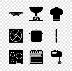 Poster - Set Kitchen colander, Electronic scales, Chef hat, Electric stove, Oven, mixer, Ventilation and Cooking pot icon. Vector