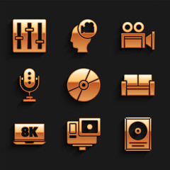 Poster - Set CD or DVD disk, Action extreme camera, award in frame, Cinema chair, Laptop with 8k, Microphone, and Sound mixer controller icon. Vector