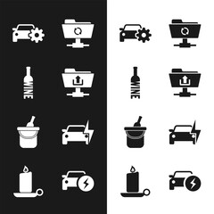 Poster - Set FTP folder upload, Bottle of wine, Car service, sync refresh, bucket and Electric car icon. Vector
