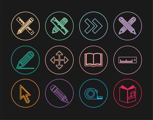 Poster - Set line Audio book, Ruler, Arrow, Pixel arrows in four directions, Pencil and line, Crossed ruler pencil, Open and icon. Vector