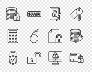 Poster - set line lock and check mark, folder lock, tablet with closed padlock, open, server security, bomb r