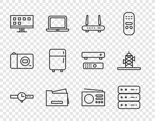 Poster - set line wrist watch, server, data, web hosting, router and wi-fi signal, printer, smart tv, refrige