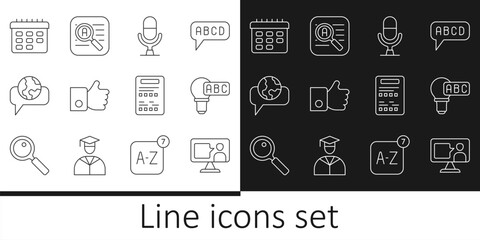 Poster - set line foreign language online study, creative lamp light idea, microphone voice device, hand like