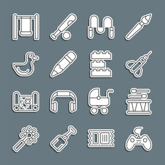 Wall Mural - Set line Gamepad, Drum with drum sticks, Dart arrow, Jump rope, Pencil eraser, Rubber duck, Swing and Toy building block bricks icon. Vector