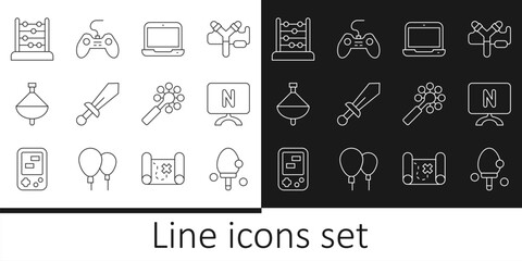 Poster - Set line Racket, Smart Tv, Laptop, Sword toy, Whirligig, Abacus, Rattle baby and Gamepad icon. Vector